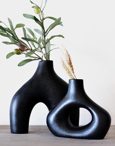 Carrot's Den Donut Vase, Set of 2 - Minimalist Nordic, White Ceramic Hollow Donut Vase Decor | Table Centerpiece, Olive Plant, Wedding, Living Room, Bookshelf, Office, Modern Home, Entryway, Console - color: Black