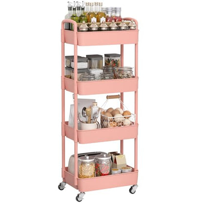 Sywhitta 4-Tier Plastic Rolling Utility Cart with Handle, Multi-Functional Storage Trolley for Office, Living Room, Kitchen, Movable Storage Organizer with Wheels, Pink | Multi-Functional Storage Trolley, for Office, Living Room, Kitchen, Bathroom,Movable