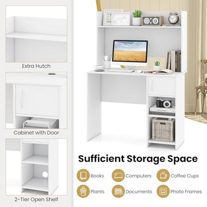 Giantex White Desk with Hutch, Small Computer Desk with Bookshelf & Adjustable Shelf, 2 Cable Holes, Modern Laptop PC Computer Workstation, Study Writing Desk for Small Spaces, Bedroom, Home Office - color: White