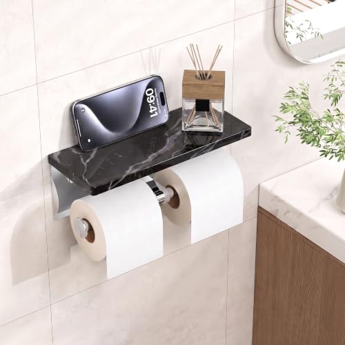 FORIOUS Toilet Paper Holder with Shelf, Commercial Toilet Paper Dispensers | Chrome | Wall Mount Bathroom Tissue Holder | SUS304 Stainless Steel Rustproof | Double Tissue Roll Holder - color: Chrome-marble