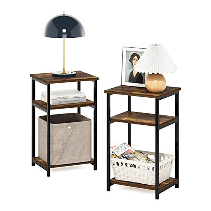 Furinno Just 3-Tier Metal Frame End Table with Storage Shelves, 2-Pack, Amber Pine - color: Amber Pine, size: 2-Pack, Metal Frame, 3-Tier