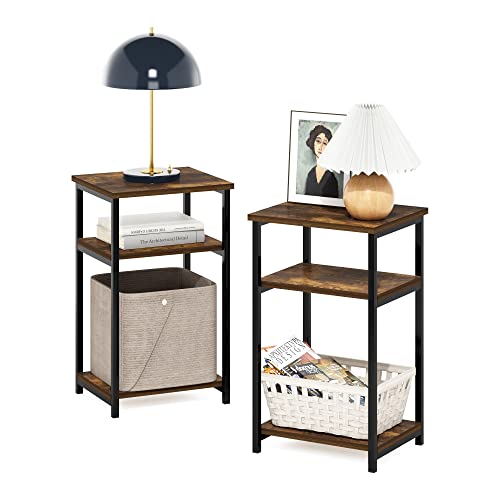 Furinno Just 3-Tier Metal Frame End Table with Storage Shelves, 2-Pack, Amber Pine - color: Amber Pine, size: 2-Pack, Metal Frame, 3-Tier