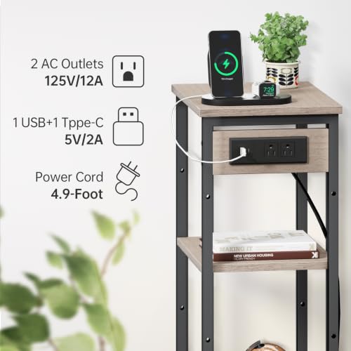 Asgolion Tall End Table with Charging Station, 3 Tier Narrow Beside Table with Adjustable Shelf, Tall Side Table Nightstand for Bedroom, Living Room Coffe Table, Office, Greige - color: Greige, size: 14.8"D x 11"W x 30"H