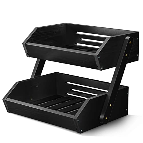 G.a HOMEFAVOR Fruit Basket for Kitchen, 2-Tier Fruit Bowl for Kitchen Counter, Vegetable Storage Stand for Fruit Shop, 15 mm Thickness (BLACK) | Bamboo Fruit Bowl Vegetable Storage for Fruit Shop and Home Organizer, 15 mm Thickness - color: Black, size: 2
