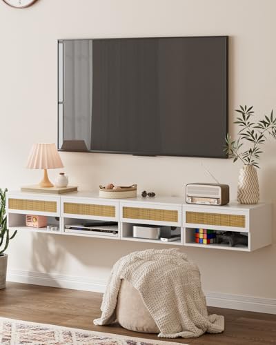 Small Modern Nightstand with Drawer, Floating Shelves for Bedroom, Bathroom (White Rattan) - color: White Rattan