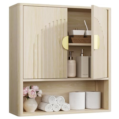 Lulive Bathroom Wall Cabinet with Adjustable Wood Shelf, Fluted Medicine Cabinet with 2 Doors, Over The Toilet Storage Cabinet for Laundry Room, Kitchen, Living Room, Natural