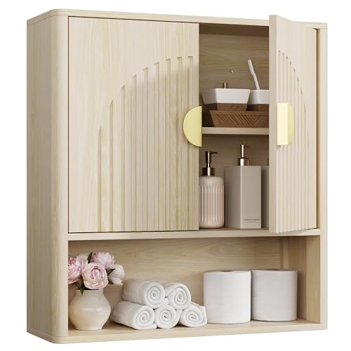 Lulive Bathroom Wall Cabinet with Adjustable Wood Shelf, Fluted Medicine Cabinet with 2 Doors, Over The Toilet Storage Cabinet for Laundry Room, Kitchen, Living Room, Natural