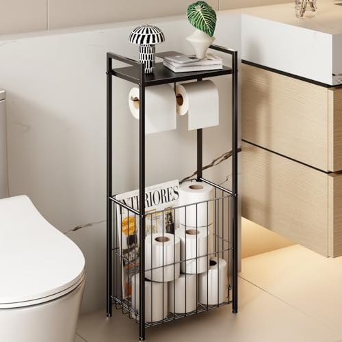 VOLDRA Toilet Paper Holder Stand with Storage Shelf, Free Standing Toilet Paper Roll Holder with Large Basket Heavy Duty Floor Double Tissue Dispenser for Bathroom Freestanding Tp Holder (Matte Black) - color: Black, size: Free Standing