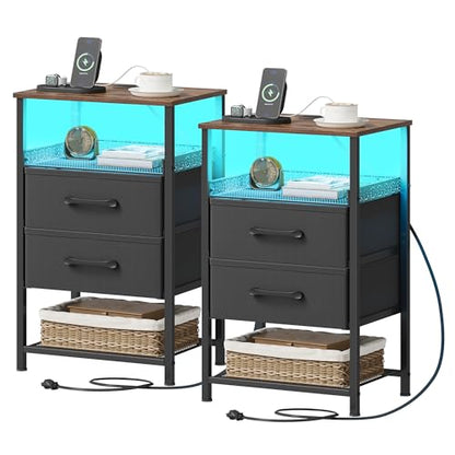 JARHETUN Nightstand Set of 2 with Charging Station, Night Stands with LED Lights, 26.4 Inch Tall Bedside Table with Metal Shelf, Side Table with 2 Fabirc Drawers for Bedroom, Rustic Brown - color: Rustic Brown, style: LED & Power