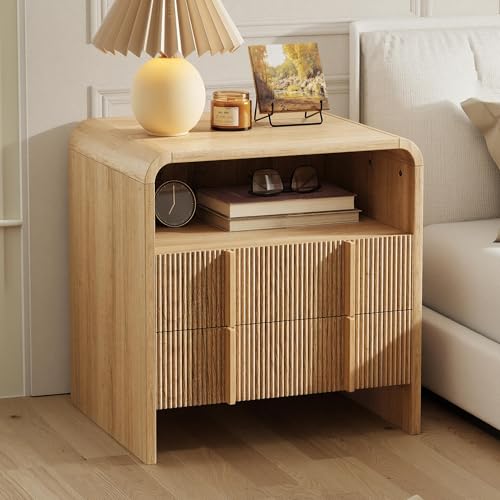 AMERLIFE Fluted Night Stand with Storage Drawers, Modern Small Nightstand & Bedside Table with Open Shelf, Curved Profile Design & Pine Handles, Wood End Table for Bedroom, Oak - color: Oak