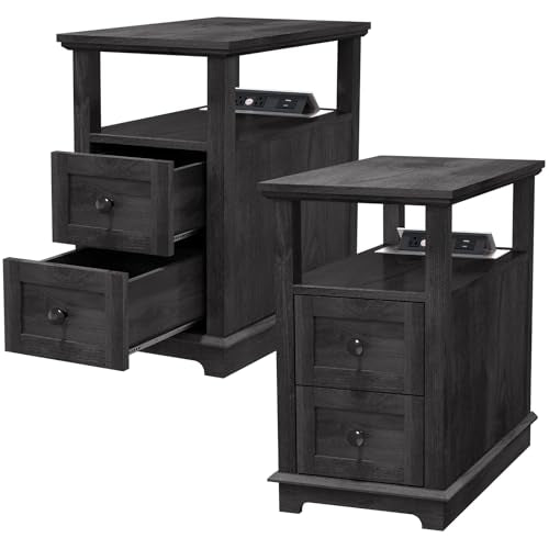 HIFYOBRO Narrow End Table with Flip Top Charging Station Set of 2, Side Table with 2 Drawers, Type-C & USB Port & Power outlets, Wooden Storage Cabinet for Living Room and Bedroom - color: Blackgrey, size: 1 Set