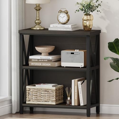 Rustic Small Bookshelf for Small Space, Industrial Short Wood Bookcase, Farmhouse Low Book Shelf, 3 Tier Narrow Bookshelf for Living Room, Home Office, Hallway (Walnut Brown) - color: Walnut Brown, size: Without Drawer