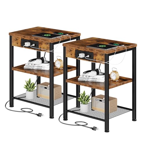 DUMOS 15.7" Small Side Table Set of 2 with Charging Station, End Table with Outlets & USB Ports, 3-Tier Adjustable Nightstand for Living Room, Bedroom, Small Spaces, Record Player Stand, Rustic Brown - color: Rustic Brown, size: 11"D x 15"W x 21.7"H(witho