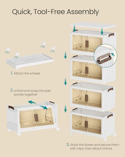 SONGMICS 48QT Plastic Storage Bins with 1 Lid, 4-Tier Stackable Bins with Doors and Wheels, Foldable Storage Boxes, for Closets, Bedroom, Living Room, Office, White URLB450WZ01 - size: 4 x 48QT