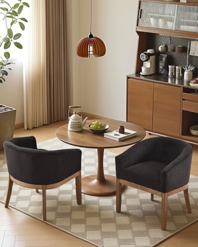 Barrel Dining Chair with Arms Set of 2, Upholstered Linen Armchair, Curved Back Mid-Century Accent Chair with Solid Wood Legs, Kitchen Dining Room, Breakfast Nook,Home Office,Black - color: Black