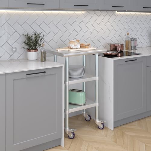 AmGood Stainless Steel Work Table with 2 Shelves and Casters | Metal Utility Table On Wheels (Stainless Steel Work Table with 2 Shelves + Casters, 24" Long x 18" Deep) - size: 24" Long x 18" Deep
