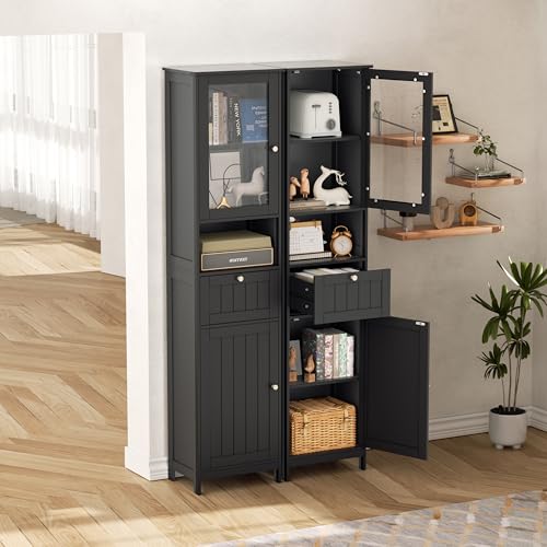 Greenvelly 67" Tall Bathroom Storage Cabinet, Narrow Freestanding Storage Unit with Magnetic Door, Drawer & Adjustable Shelves, Anti-Tip Floor Cabinet for Bathroom, Living Room, Black