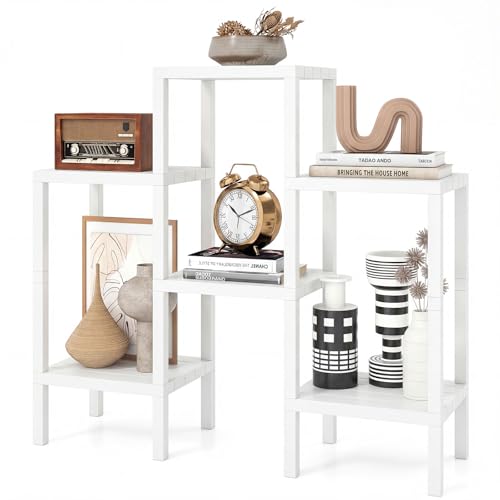 Giantex 6-Tier Plastic Modular Storage Shelves, Open Display Utility Shelving Unit, Multifunctional Plant Holder, Freestanding Storage Rack Organizer for Living Room, Bathroom and Kitchen (White) - color: White