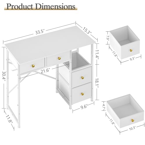 3IngSeagulls Small Computer Desk with 4 Fabric Drawers, Simple Writing Desk for Home Office, Compact Study Desks for Small Spaces, Kids Desk Study for Bedroom, White - color: White