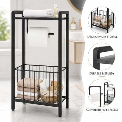 Bathroom Toilet Paper Holder Stand with Storage Basket and Top Shelf, Free-Standing Toilet Tissue Organizer for Small Bathrooms, Metal Toilet Paper Rack with Magazine Holder – Matte Black - color: Black