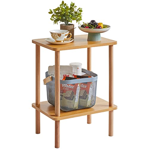 IBUYKE 2-Tier Side Table, Solid Wood Tall End Table with Storage Shelves, Nightstand Bedside Table for Living Room Bedroom Office, No-Tool Assembly, Natural UWST002N - color: Natural, size: 11.42" x 15.35" x 20.86"