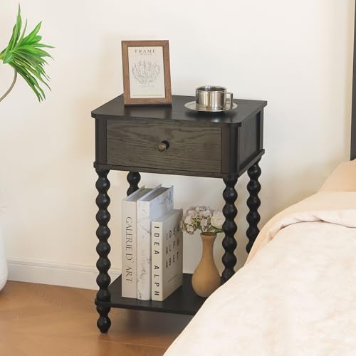 AWASEN Black Nightstand, Bedroom Side Table with Drawer for Living Room, Small Bedside End Table with Spindle Wood Legs for Bedroom, Office, Black - color: Black