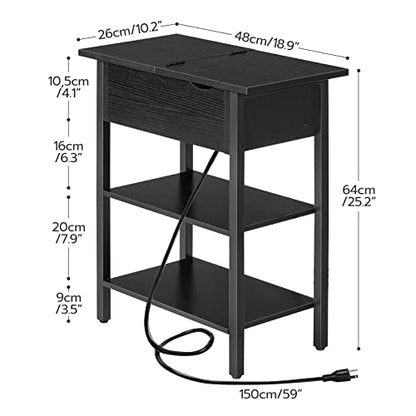 HOOBRO Side Table, Flip End Table with Charging Station and Shelves, USB Ports & Power Outlets, Narrow Nightstand for Small Spaces, Stable and Sturdy, for Living Room, Black BK341BZ01 - color: Black