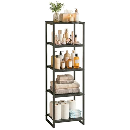5-Tier Bathroom Shelving Unit, Narrow Corner Slim Rack, Black | 47"H, Metal Frame, Wood Finish Shelf, for Laundry Room, Kitchen, Living Spaces, Sturdy Build - size: 5-Tier