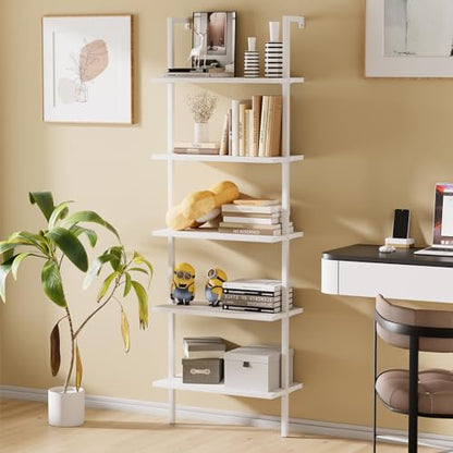 aboxoo Ladder Shelf White Wooden Bookshelf 5-Tier Wall-Mounted Open Wood Rack Industrial Modern Plant Flower Stand Utility Organizer Bookcase Metal Frame Furniture Office Kitchen Bedroom - color: White Wood 5-tier, size: 1PC