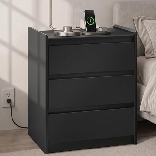 Black Nightstand with Charging Station, 24" H, 3-Drawer Storage | USB-C, USB-A and 2 AC outlets power daily devices; raised-edge top helps create a cleaner modern bedside setup at night. - color: Black, size: 1-Pack, style: 3 Drawers