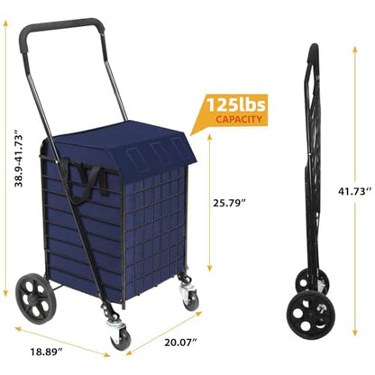 Kiffler Foldable Shopping Cart with Waterproof Basket Liner & 360° Swivel Wheels | Collapsible, Lightweight | Perfect for Groceries, Laundry, Max 100 LBS Utility Cart for Seniors, Apartments - size: Medium+Blue Bag