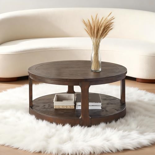 Coffee Table Round 40 inch for Living Room Modern 2-Tier Solid Wood Desktop Coffee Tables with Stroage Casters Circle Drum Tea Wooden Handcraft Home Furniture for Apartment Easy Assembly Brown - color: 40 Brown 2-tier