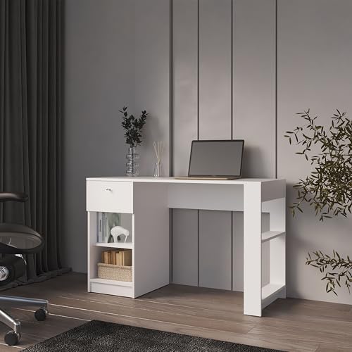 White Computer Desk with Drawer and Open Storage, Home Office Writing Desk with Shelf, Study Workstation with Built-in Organizer, Compact Desk for Small Spaces - color: White