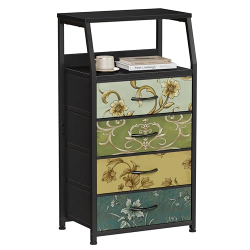 Furnulem Retro Small Dresser for Bedroom, Tall Nightstand with 4 Drawers | Vintage Dorm Fabric Bedside Table Side Furniture, Storage Organizer for Closet with Metal Frame, Wood Top, 2-Tier Shelf - color: Vintage Floral, style: 4 Drawers