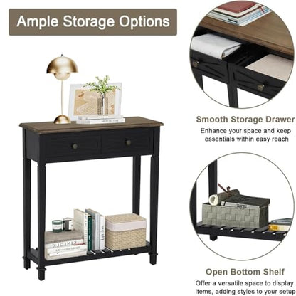 Narrow Entryway Table - Console Table with 2 Drawers, Wood Sofa Table with Storage Shelf, Couch Table Behind Sofa, Farmhouse Entryway Table for Hallway Entryway Living Room, Black - color: Black