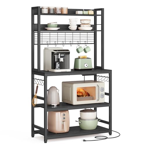 VASAGLE Bakers Rack with Power Outlet, Microwave Stand, Kitchen Tall Utility Storage Shelf, with Metal Wire Panel, 14 Hooks, 15.7 x 31.5 x 66.9 Inches, Charcoal Gray and Ink Black UKKS025B22 - color: Charcoal Gray + Ink Black, size: 31.5"W