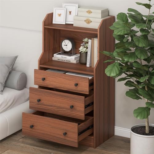 LDAILY Moccha 3 Drawers Dresser with Shelf, Modern Dresser Tower with 2 Open Shelves, Chest of Drawers with Anti-toppling Device, Tall Storage Dresser Nightstand, Living Room, Walnut - color: Walnut