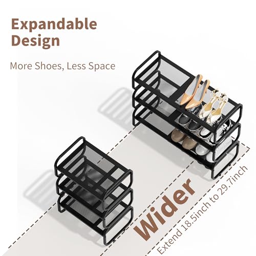3 Tier Shoe Rack - Expandable Shoe Organizer for Closet, Adjustable Metal Shoe Shelf Storage, Stackable Long Shoe Stand Holder for Garage, Entryway, Door Entrance - size: 3 Tier