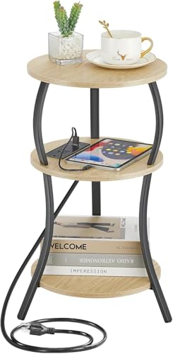 YEAKOO Small Side Table with Charging Station,3-Tier Round end Table | Small Nightstand Sofa Couch Corner Table for Living Room Bedroon Small Spaces, Type C & USB Ports,Oak - color: Oak, style: USB Charger