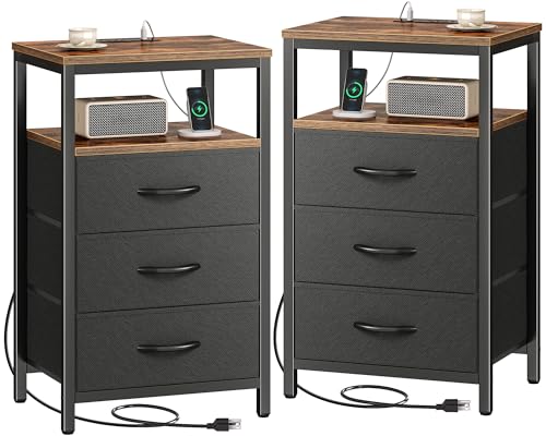 Huuger Nightstands Set of 2, 27.6 Inch End Tables with Charging Station, Fabric Drawers, Bedside Tables with USB-C Port and Outlet, Night Stands for Bedroom, Rustic Brown and Black - color: Rustic Brown and Black, size: 11.8"D x 15.7"W x 27.6"H (3 Drawers