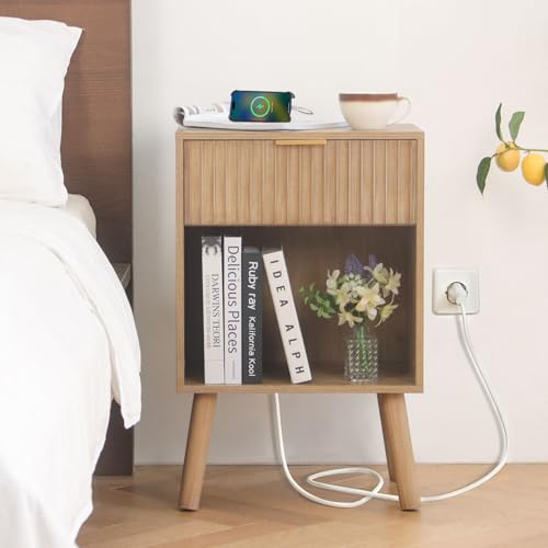 Fultyle Wood Nightstand with Charging Station, Bedside Table with Fluted Drawers and Outlet, Boho Night Stand for Bedroom, Living Room, Office (Rustic Walnut) - color: Rustic Walnut With Charging Station