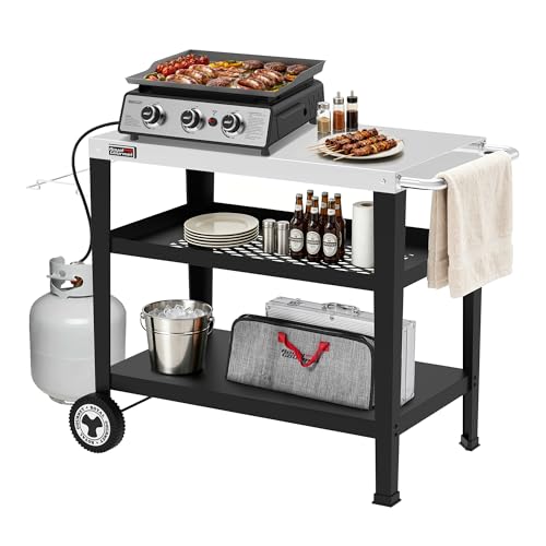 Royal Gourmet PC3404S Rolling Dining Table with Trash Bag Holder, Outdoor Garden Patio BBQ Kitchen Food Prep Table Cart, 34"L x 20"W Stainless Steel Tabletop, Silver & Black | 34"L x20"W Stainless Steel Tabletop | with Removable Trash Bag Holder | Outdoor