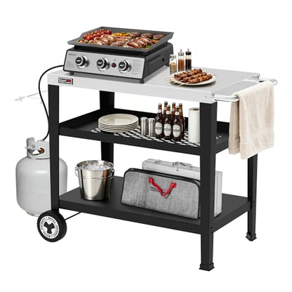 Royal Gourmet PC3404S Rolling Dining Table with Trash Bag Holder, Outdoor Garden Patio BBQ Kitchen Food Prep Table Cart, 34"L x 20"W Stainless Steel Tabletop, Silver & Black | 34"L x20"W Stainless Steel Tabletop | with Removable Trash Bag Holder | Outdoor