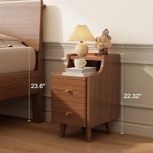 Narrow Nightstand with 2 Drawers,Walnut Nightstand,Bedside Table,Solid Wood Modern Bedside Table for Bedroom,Study,Toilet - color: Walnut, size: 15.75"D x 11.81"W x 22.32"H(2 Drawers)
