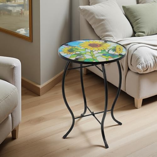 Small Side Table with Metal Frame, 10.5" Round Side Tables with Sunflower Pattern,Outdoor Table for Balcony,Terrace,Garden,Living Room - color: Sunflower