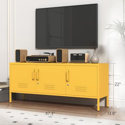 3 Door Lockable Metal TV Stand Storage Cabinet with Accent Cabinet Locker, Wide Heavy Duty Media Console for Large 100+ Inch TVs, Home Office Entertainment Center, Yellow 22"H X 47.3"W X 13.8"D - color: Mustard, style: TV stand-22"H-LM