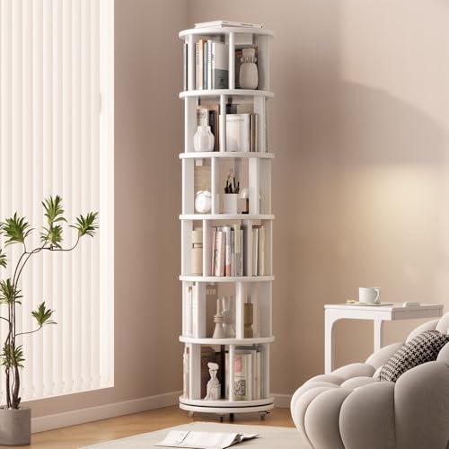 Solid Wood Rotating Bookshelf on Wheels, 6 Tier, Round Revolving Bookcase, 360° Spinning Book Shelf Tower for Kids, Narrow Rolling Bookshelves for Small Space, Corner, Bedroom, Office, White - color: White, size: 6 Tier