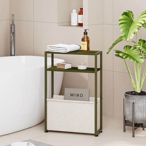 Leomonio Narrow Side Table, Slim End Tables with Fabric Basket, Skinny Table for Small Spaces, Thin Bedside Table for Living Room, Bedroom (1, Forest Green + Camel Brown) - color: Forest Green + Camel Brown