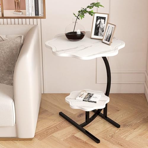 2 Layers Flower Shape Marble Texture Small C-Shaped SideTable,Snack Side Table, End Table for Sofa Side Table,Bedside Table for Living Room Kitchen Garden Bedroom - color: White+black