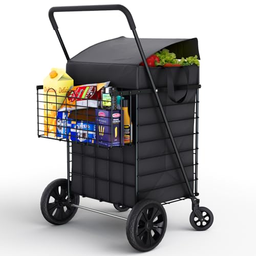 Our Modern Space Shopping Cart w/Waterproof Basket Liner & Large 360° Swivel Wheels | Foldable Collapsible & Lightweight | Perfect for Groceries Laundry Utility Cart - Black - color: Black, size: Extra Large Wheels